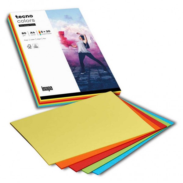 tecno colors Kopierpapier farbsortiert 5x20 Blatt DIN A4 80gm²