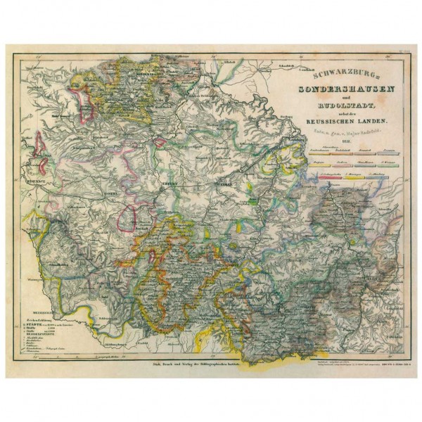 Historische Karte: Fürstentum Schwarzburg-Sondershausen und Fürstentum Schwarzburg-Rudolstadt nebst den Reussischen Landen 1851 [gerollt]