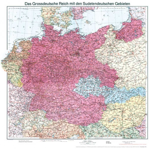Historische Karte: Deutschland - Das Großdeutsche Reich mit dem Sudetendeutschen Gebieten, 1938 (plano)