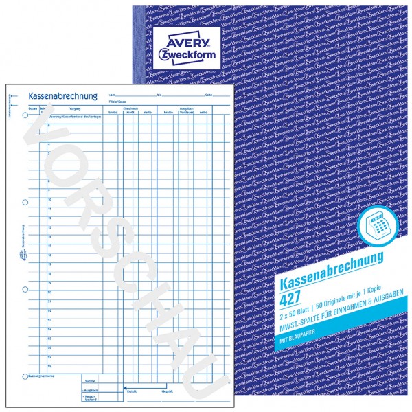 Avery Kassenabrechnung - MwSt.-Spalte für Einnahmen und Ausgaben, A4, mit Blaupapier, 2x50 Blatt